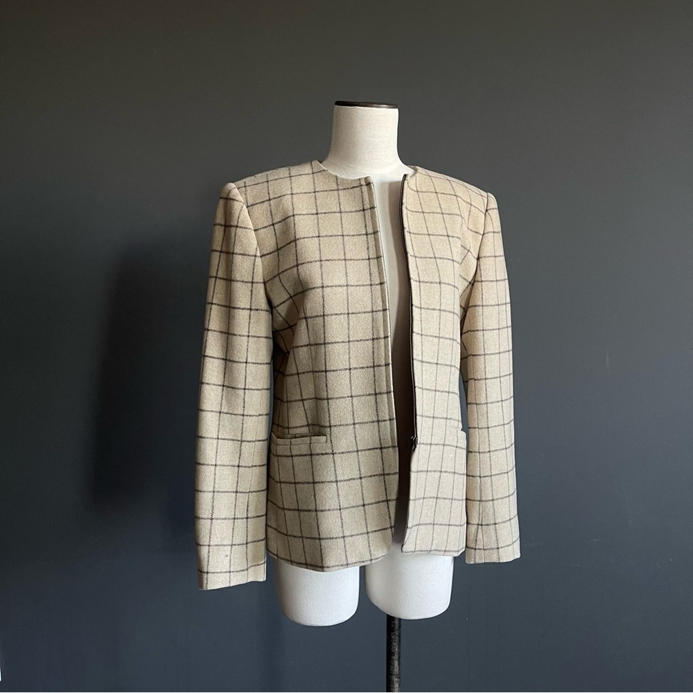 Jones New York Wool Blend Windowpane Jacket Minimalist Neutral Striped Old Money